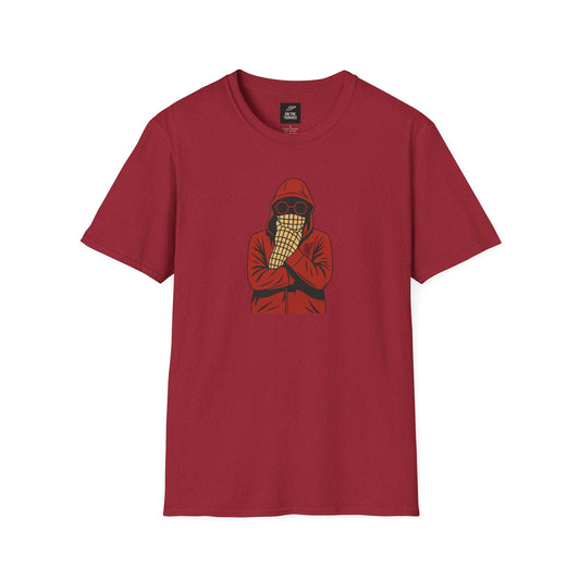 Maroon t-shirt with graphic of person wearing red hood, round sunglasses, and checkered face scarf