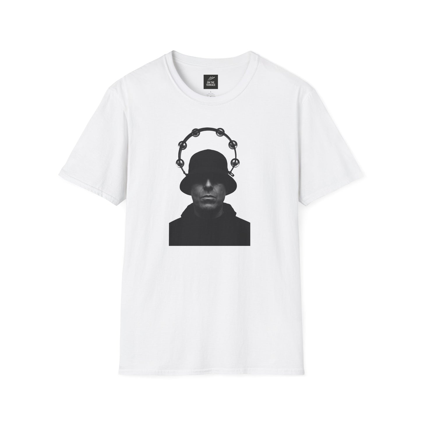 Oasis Liam Gallagher Shirt - Music Fashion | Durable DTG Print featuring black silhouette with tambourine halo on white cotton tee. Ideal for Britpop fans.