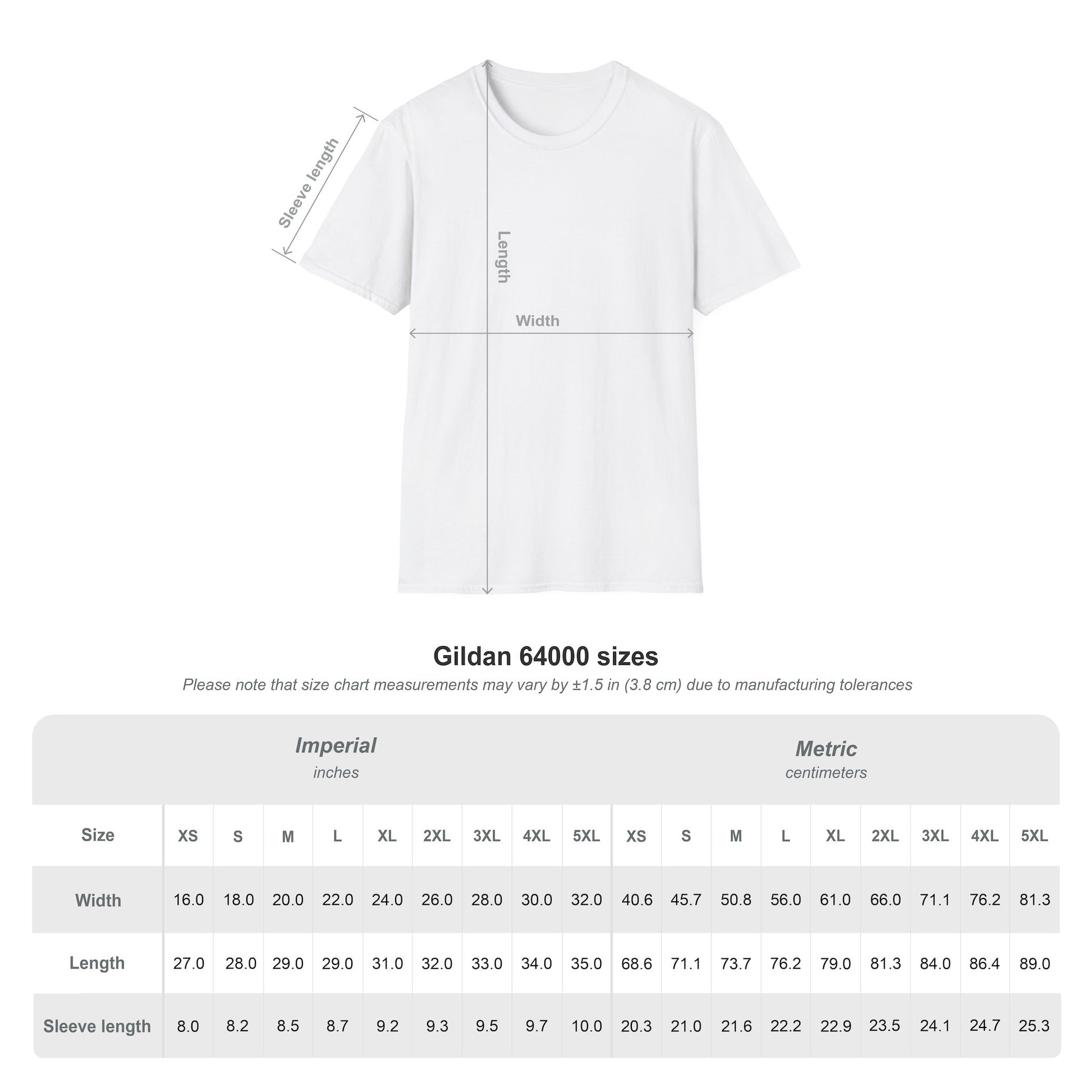 White Gildan 64000 t-shirt size chart showing width, length, and sleeve length measurements in inches and centimeters