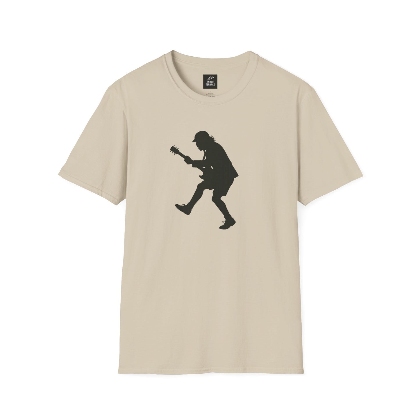 Beige t-shirt with black silhouette of a guitarist in mid-jump playing electric guitar